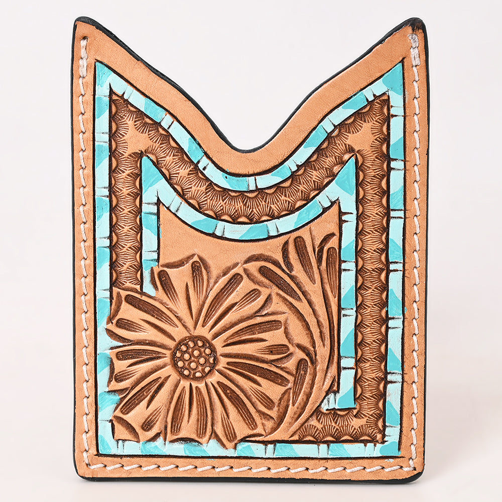 ADCCF116 Turquoise Border Hand-Tooled Leather Card Holder - Geometric & Floral Western Boot-Top Design