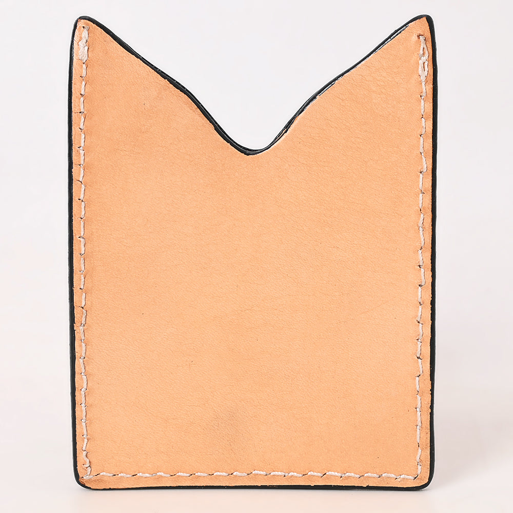 ADCCF116 Turquoise Border Hand-Tooled Leather Card Holder - Geometric & Floral Western Boot-Top Design