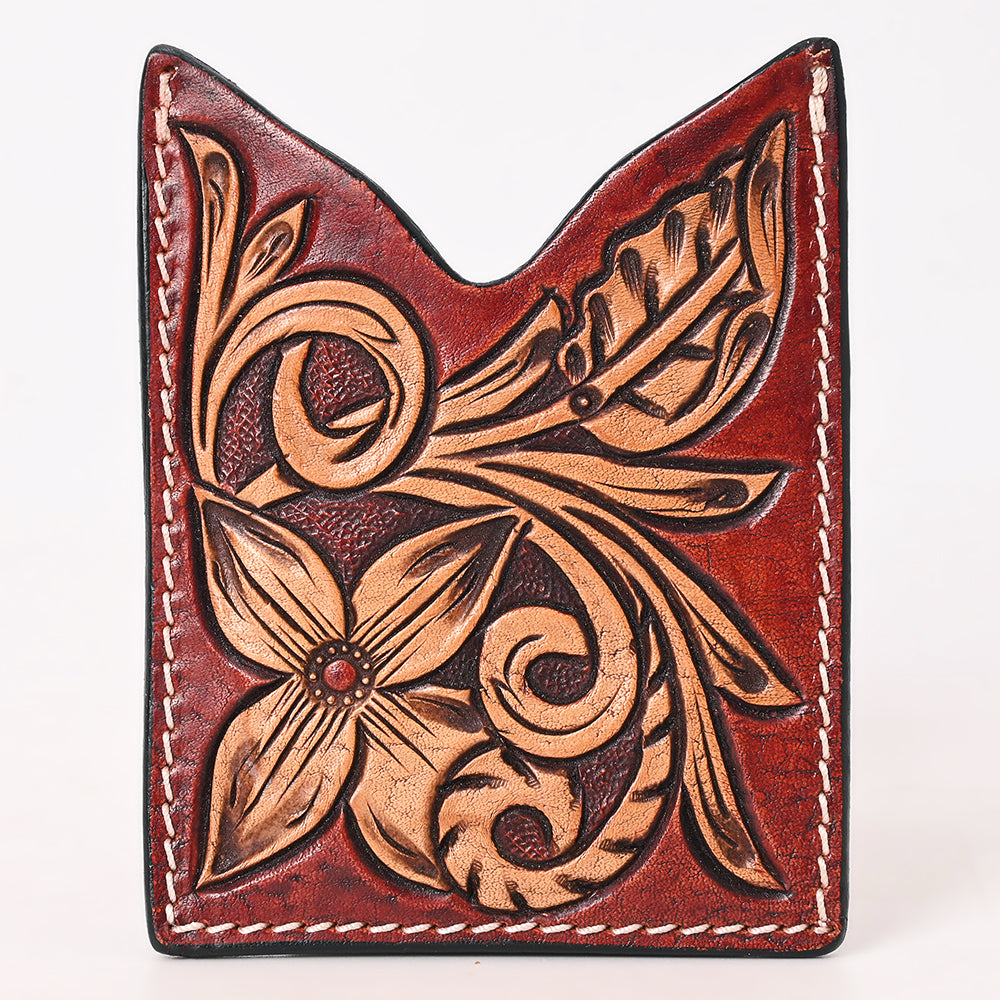 ADCCF117 Red Floral Hand-Tooled Leather Card Holder - Western Boot-Top Scroll Design
