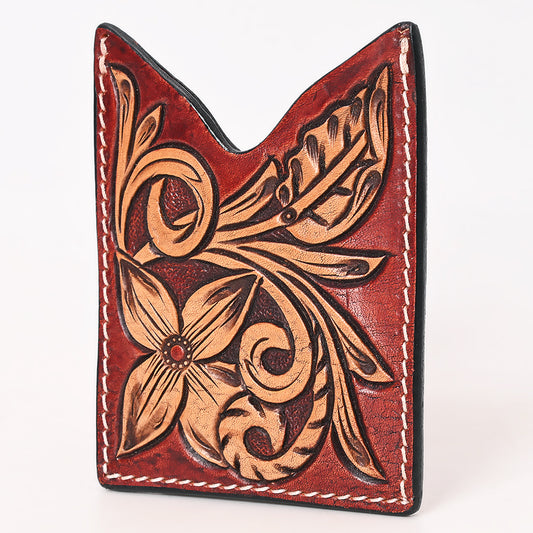 ADCCF117 Red Floral Hand-Tooled Leather Card Holder - Western Boot-Top Scroll Design