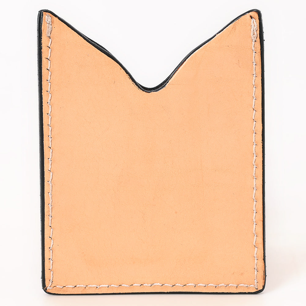 ADCCF118 Natural Hand-Tooled Leather Card Holder - Floral & Leaf Western Boot-Top Design