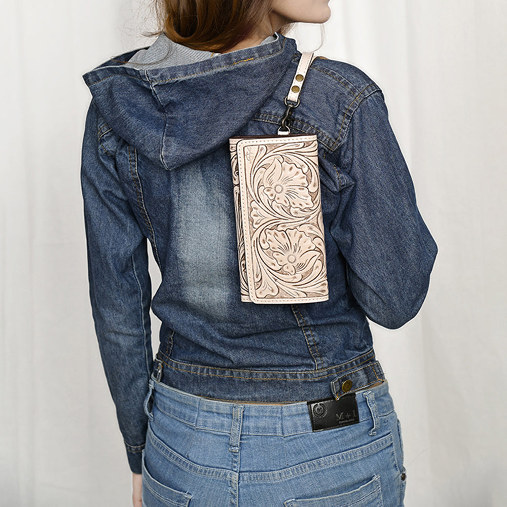ADBG1132 American Darling Hand Tooled Floral Leather Clutch & Crossbody Wallet