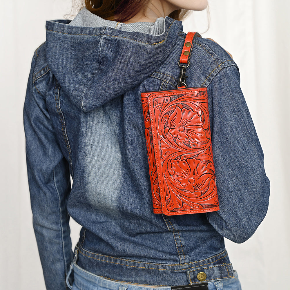 ADBG1132 American Darling Hand Tooled Floral Leather Clutch & Crossbody Wallet