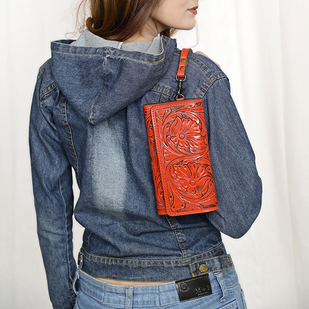 ADBG1132 American Darling Hand Tooled Floral Leather Clutch & Crossbody Wallet
