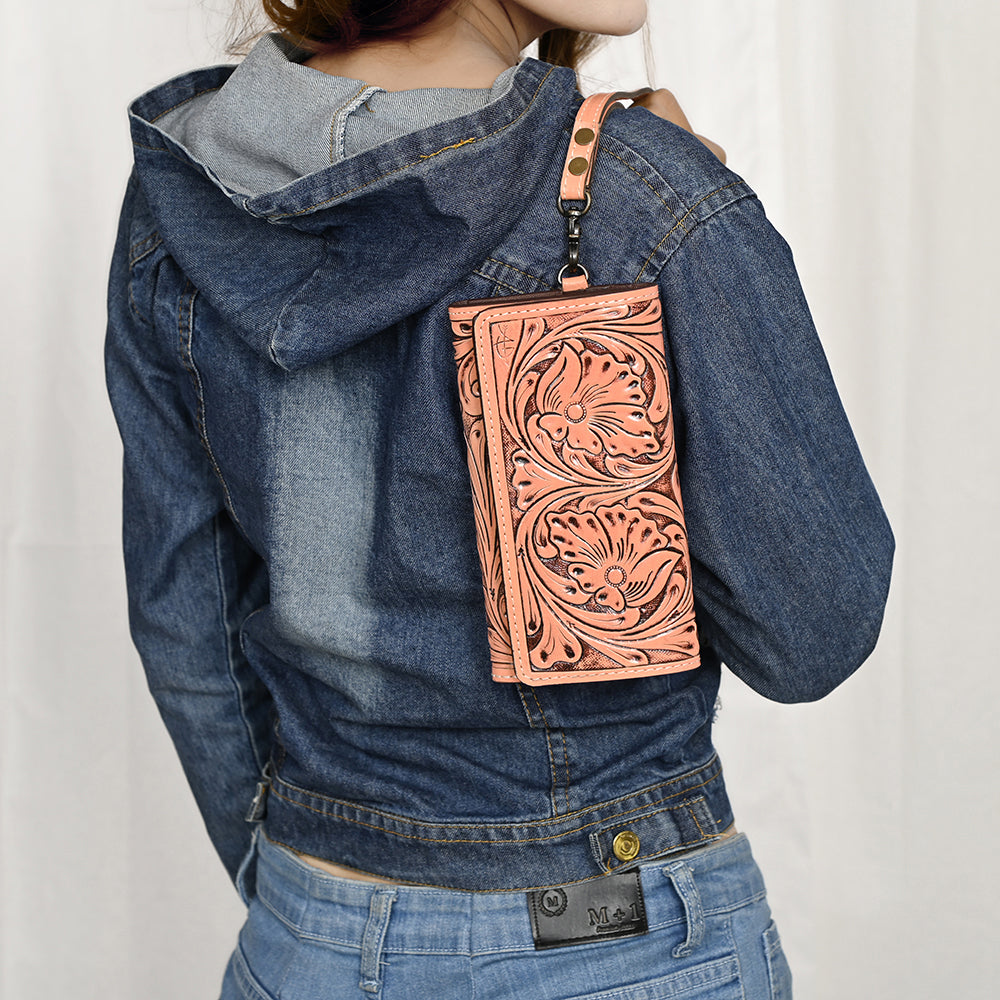 ADBG1132 American Darling Hand Tooled Floral Leather Clutch & Crossbody Wallet