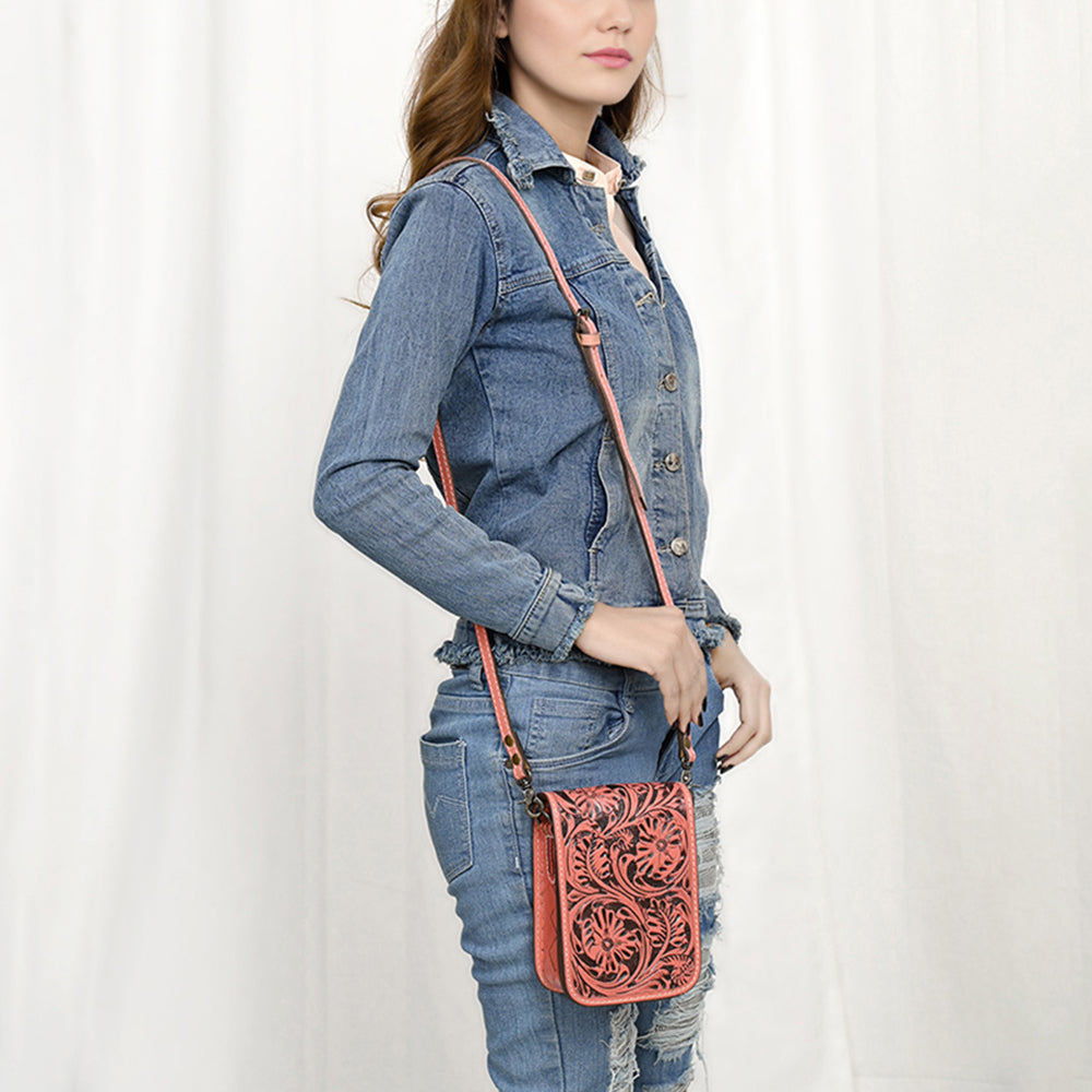 ADBG1135 American Darling Hand Tooled Floral Leather Cell Phone Bag Western Crossbody