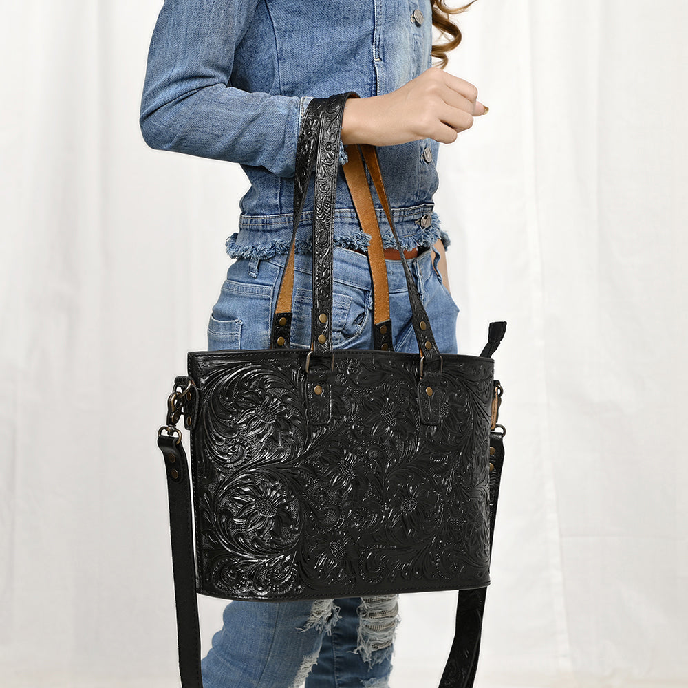ADBG1141 American Darling Artisan Floral Tooled Leather Tote Bag with Long Handles and Strap