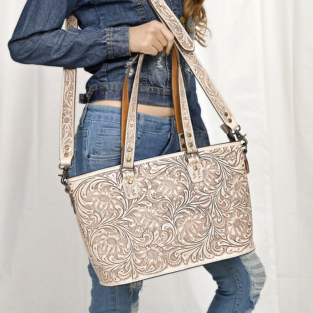 ADBG1141 American Darling Artisan Floral Tooled Leather Tote Bag with Long Handles and Strap