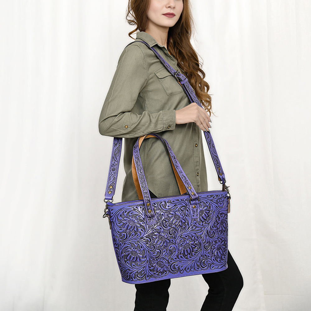 ADBG1141 American Darling Artisan Floral Tooled Leather Tote Bag with Long Handles and Strap