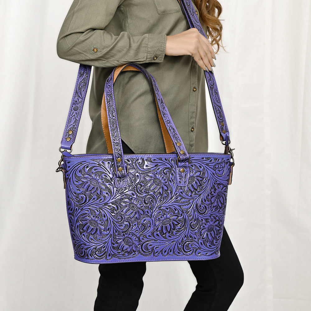ADBG1141 American Darling Artisan Floral Tooled Leather Tote Bag with Long Handles and Strap