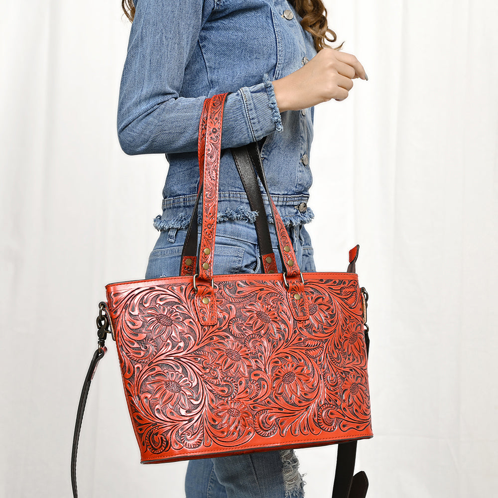 ADBG1141 American Darling Artisan Floral Tooled Leather Tote Bag with Long Handles and Strap