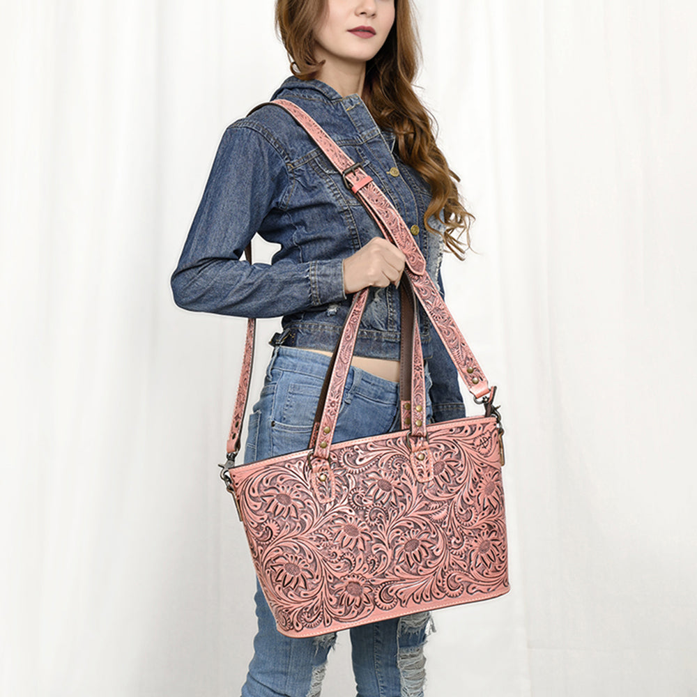 ADBG1141 American Darling Artisan Floral Tooled Leather Tote Bag with Long Handles and Strap