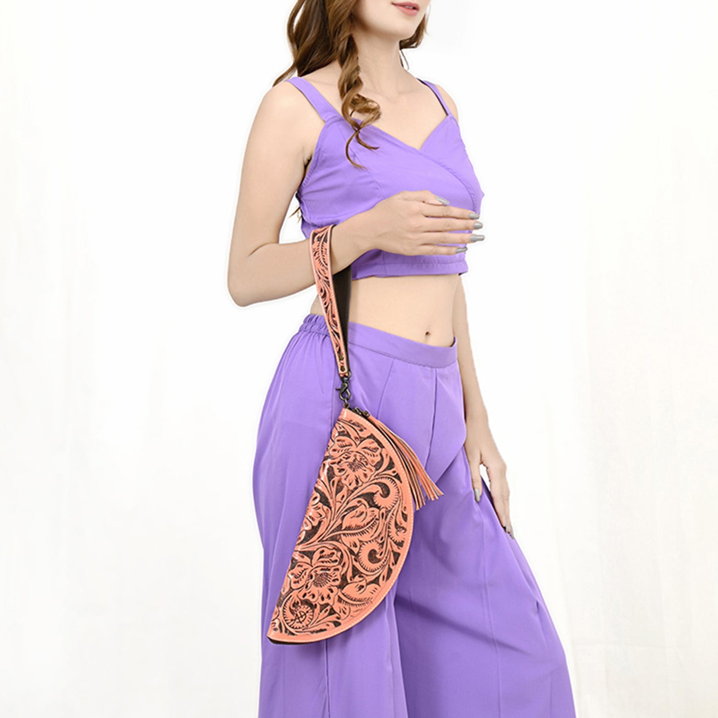 ADBG1233 American Darling Hand-Tooled Western Leather Taco Bag - Genuine Floral Carved Designer Wristlet