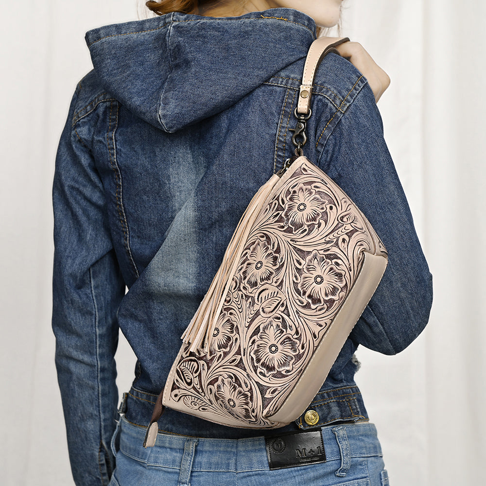 ADBG1234 American Darling Hand-Tooled Western Leather Wristlet Bag - Genuine Floral Carved Womens Clutch