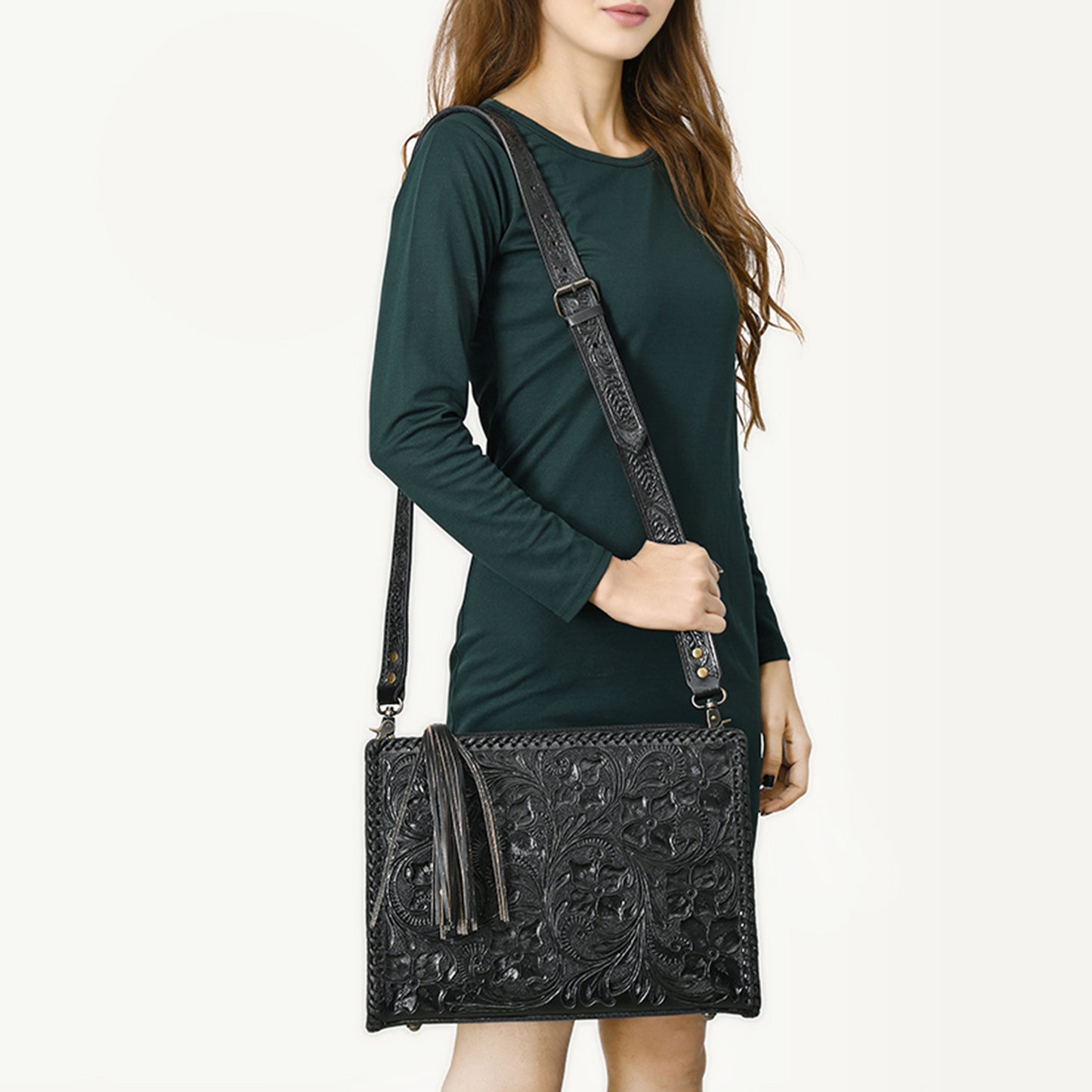 ADBG1235 American Darling Hand-Tooled Western Leather Crossbody Bag - Genuine Floral Carved Artisan Purse