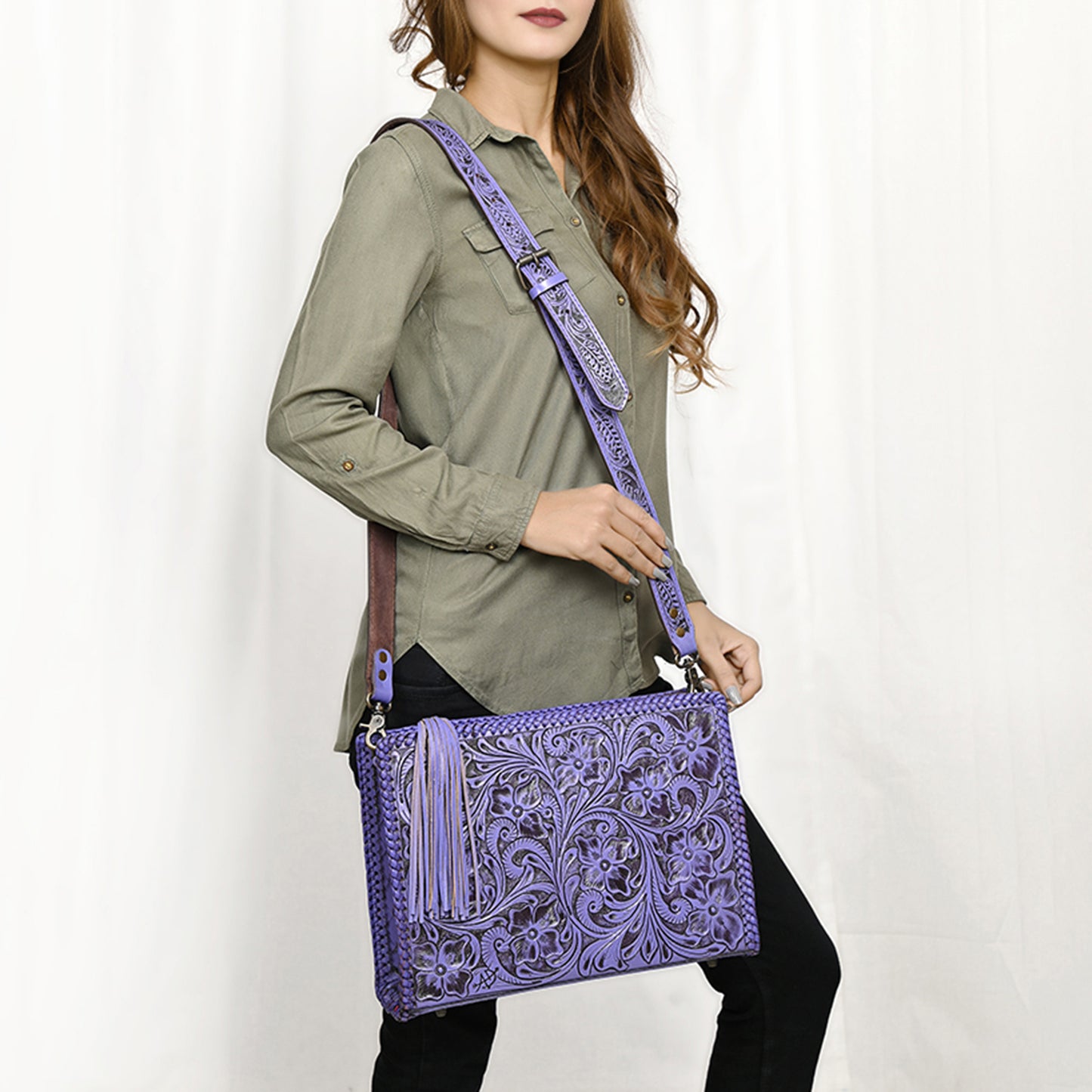 ADBG1235 American Darling Hand-Tooled Western Leather Crossbody Bag - Genuine Floral Carved Artisan Purse