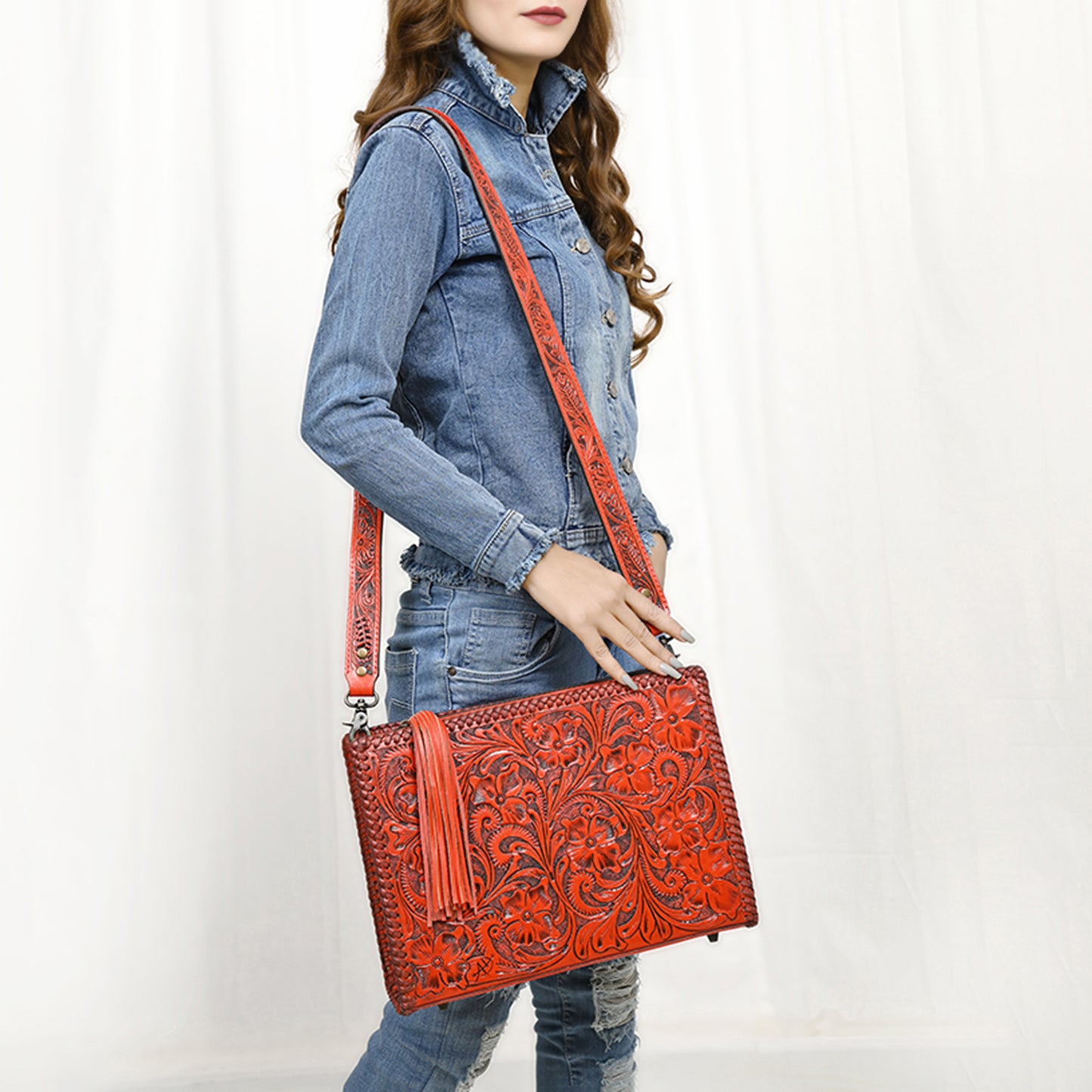 ADBG1235 American Darling Hand-Tooled Western Leather Crossbody Bag - Genuine Floral Carved Artisan Purse