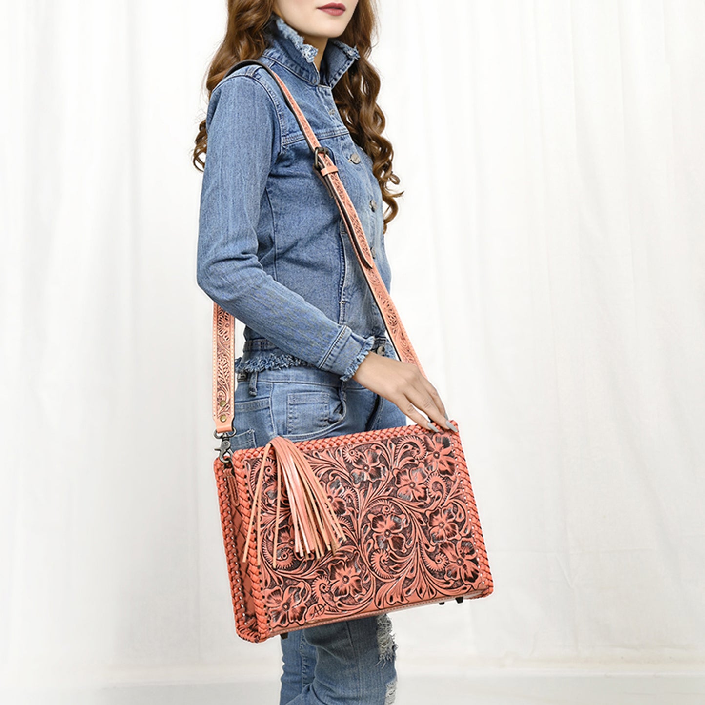 ADBG1235 American Darling Hand-Tooled Western Leather Crossbody Bag - Genuine Floral Carved Artisan Purse