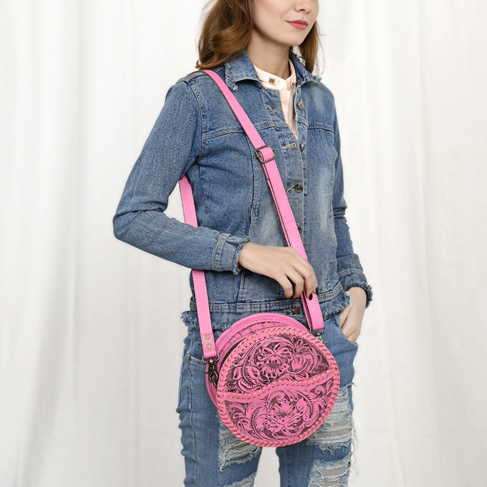 ADBG1461 American Darling Western Leather Canteen Bag Pink Hand-Tooled Floral Detailing - Genuine Leather Crossbody