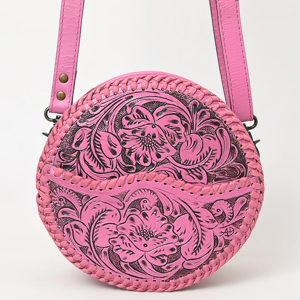 ADBG1461 American Darling Western Leather Canteen Bag Pink Hand-Tooled Floral Detailing - Genuine Leather Crossbody