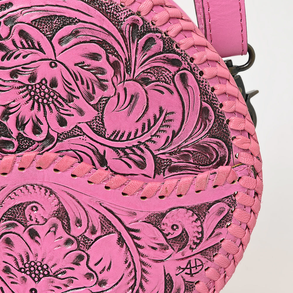 ADBG1461 American Darling Western Leather Canteen Bag Pink Hand-Tooled Floral Detailing - Genuine Leather Crossbody