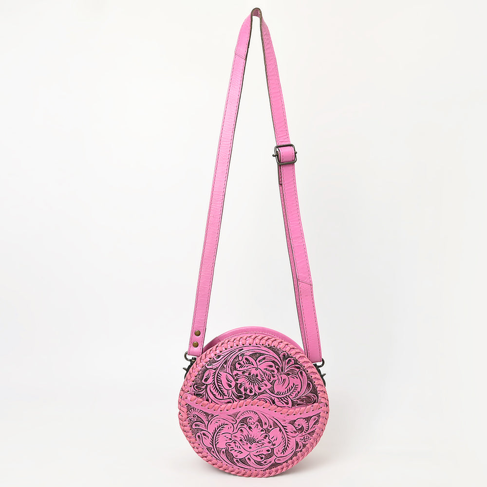 ADBG1461 American Darling Western Leather Canteen Bag Pink Hand-Tooled Floral Detailing - Genuine Leather Crossbody