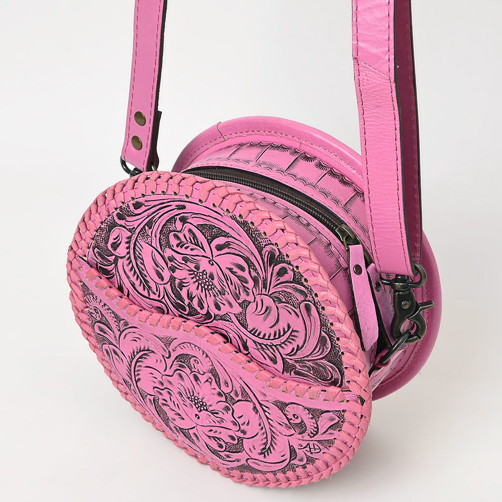ADBG1461 American Darling Western Leather Canteen Bag Pink Hand-Tooled Floral Detailing - Genuine Leather Crossbody