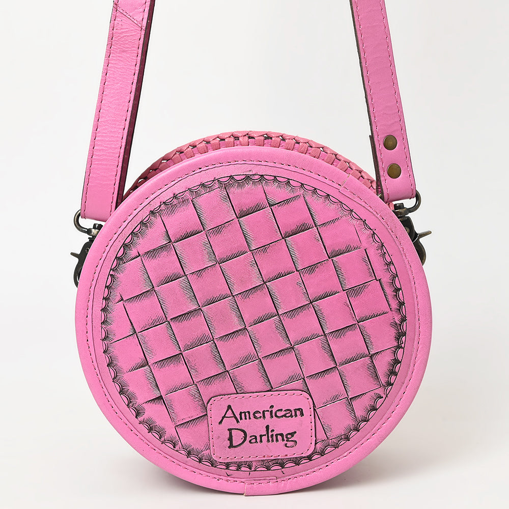 ADBG1461 American Darling Western Leather Canteen Bag Pink Hand-Tooled Floral Detailing - Genuine Leather Crossbody