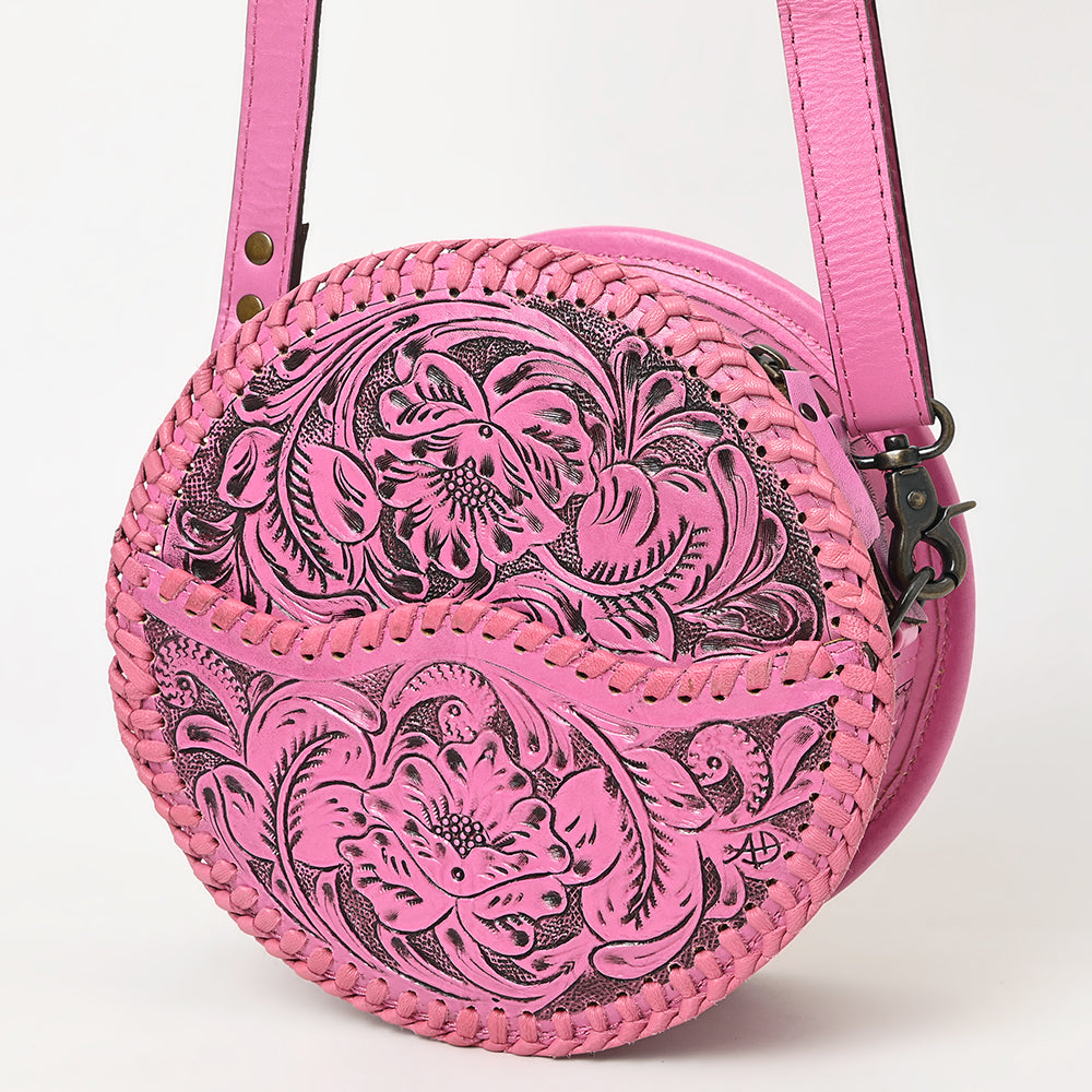 ADBG1461 American Darling Western Leather Canteen Bag Pink Hand-Tooled Floral Detailing - Genuine Leather Crossbody