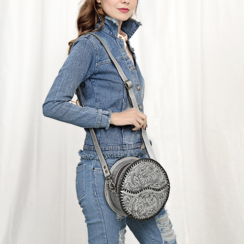 ADBG1461 American Darling Western Leather Canteen Bag with Hand-Tooled Floral Detailing - Genuine Leather Crossbody