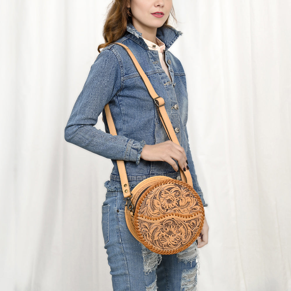 ADBG1461 American Darling Western Leather Canteen Bag with Hand-Tooled Floral Detailing - Genuine Leather Crossbody