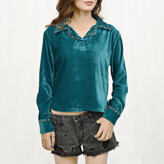 ADDR004 Women's Teal Velvet Western Blouse with Studded Collar