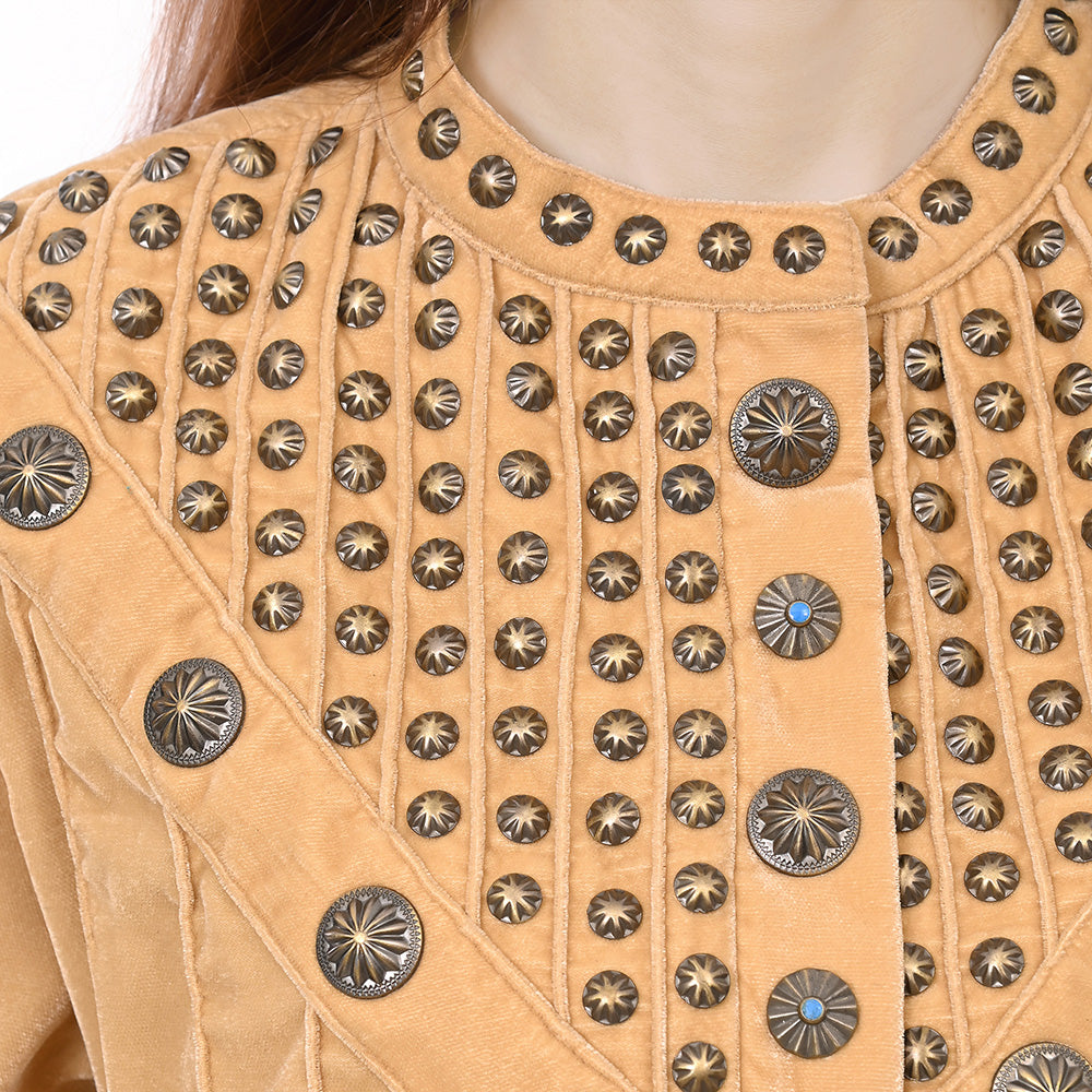 ADDR005 Women's Mustard Velvet Western Dress with Studded Yoke
