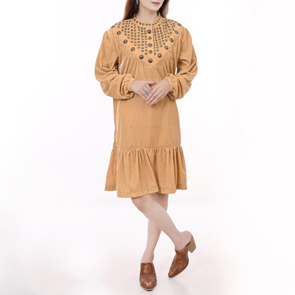 ADDR005 Women's Mustard Velvet Western Dress with Studded Yoke