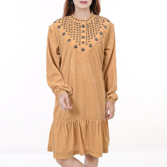 ADDR005 Women's Mustard Velvet Western Dress with Studded Yoke