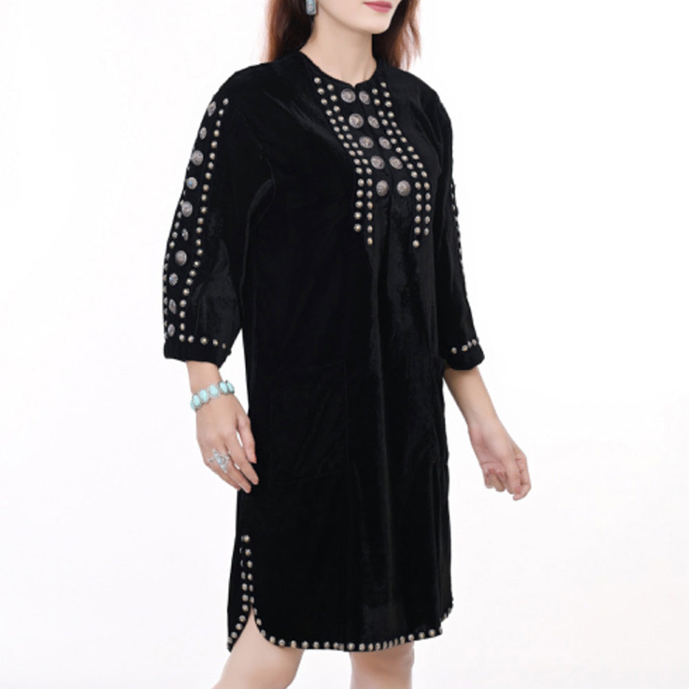 ADDR006 Women's Black Velvet Western Dress with Studded Detailing
