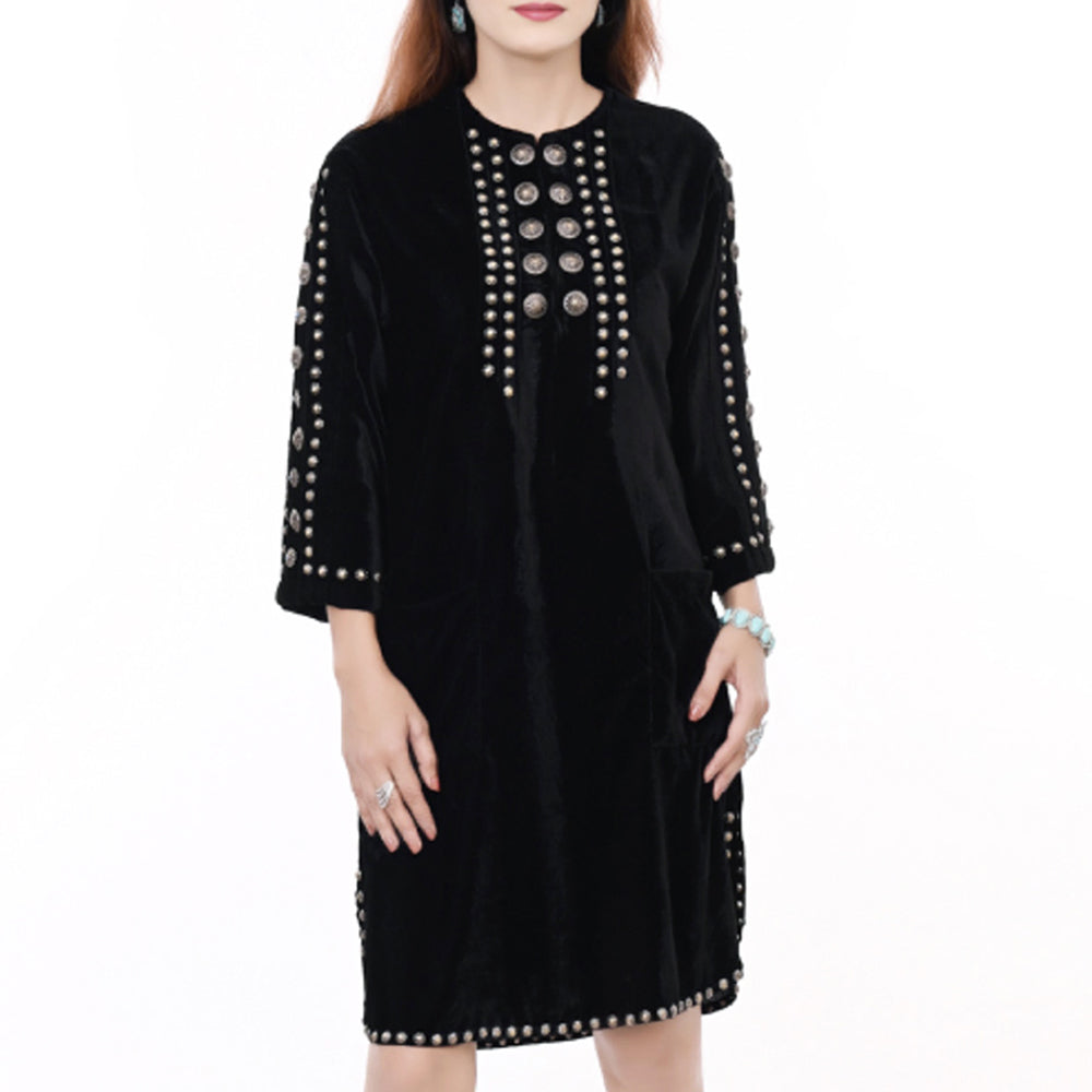 ADDR006 Women's Black Velvet Western Dress with Studded Detailing