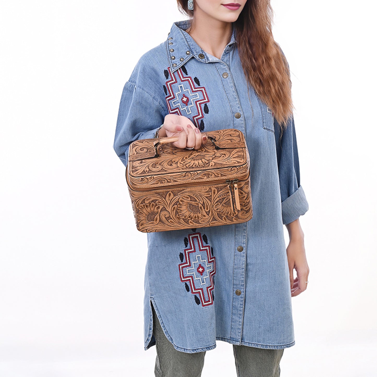 ADBG1251 American Darling Hand Tooled Leather Jewelry Case | Western Travel Bag