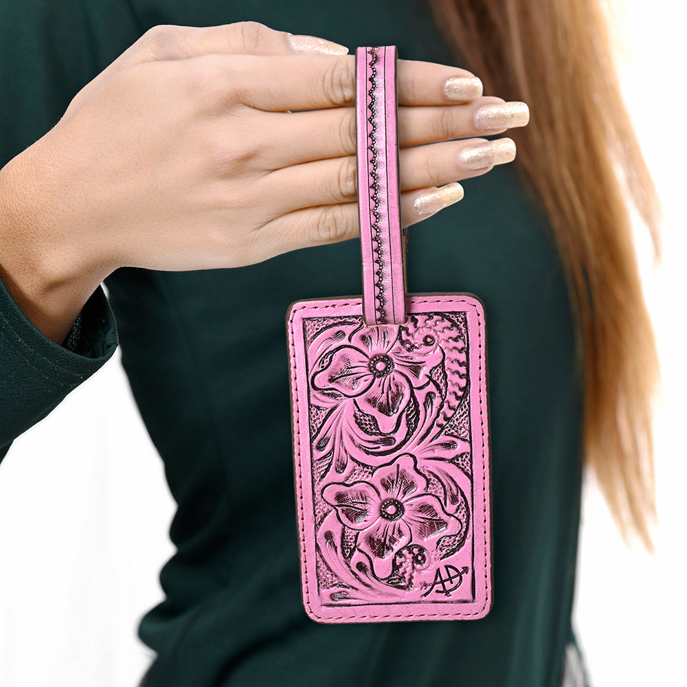 ADBG1462 American Darling Western Pink Leather Hand-Tooled Card Holder with Strap - Genuine Leather Travel ID Tag