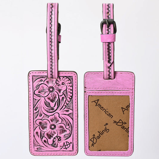 ADBG1462 American Darling Western Pink Leather Hand-Tooled Card Holder with Strap - Genuine Leather Travel ID Tag