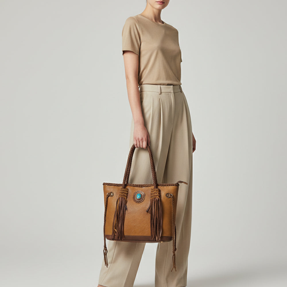 ADBGM328 Handmade Leather Crossbody Bag with Braided Edges - Western Compact Purse