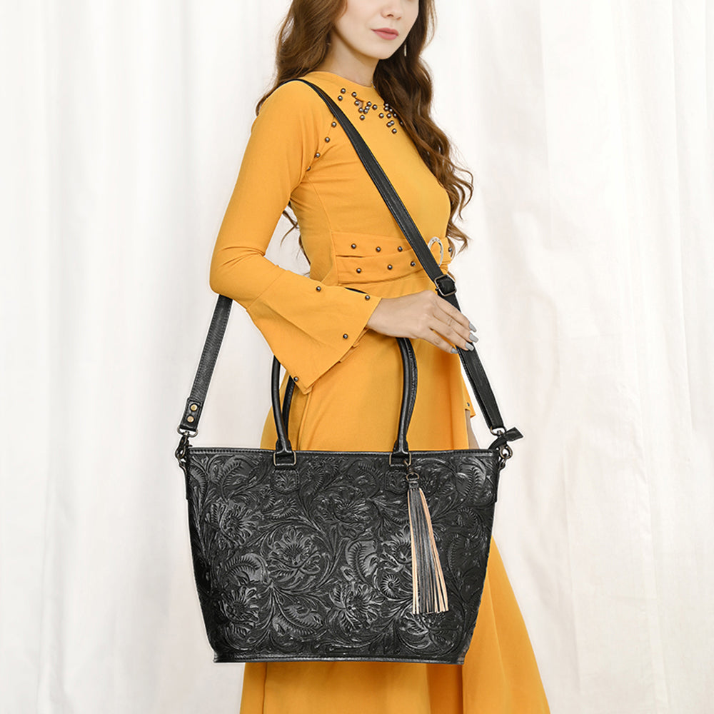 ADBG1480 American Darling Hand Tooled Western Leather Tote Bag with Floral Carving & Tassel - Genuine Leather