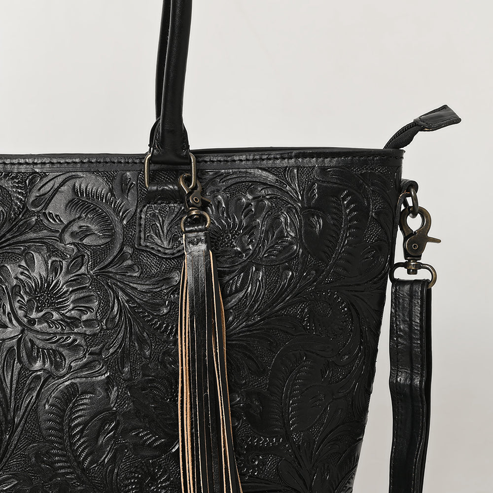 ADBG1480 American Darling Hand Tooled Western Leather Tote Bag with Floral Carving & Tassel - Genuine Leather