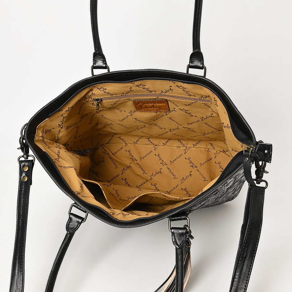 ADBG1480 American Darling Hand Tooled Western Leather Tote Bag with Floral Carving & Tassel - Genuine Leather