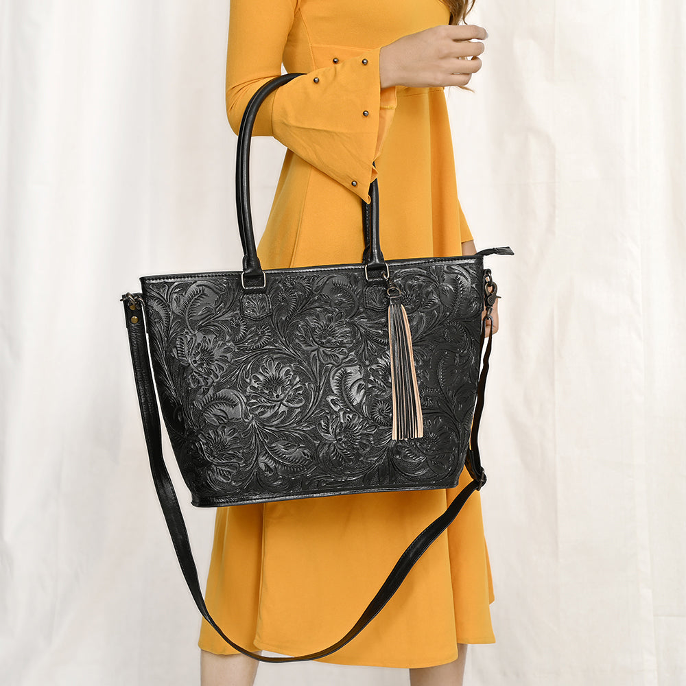 ADBG1480 American Darling Hand Tooled Western Leather Tote Bag with Floral Carving & Tassel - Genuine Leather