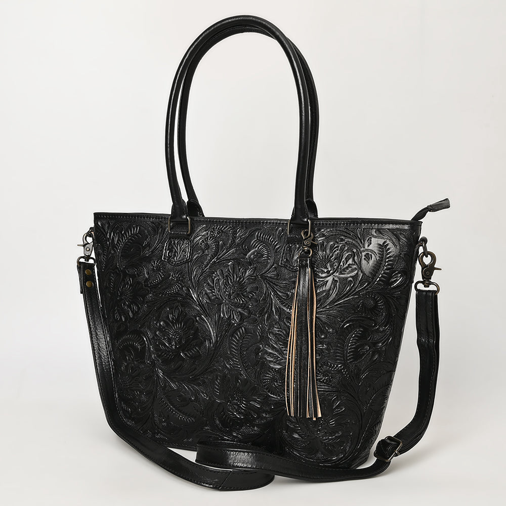 ADBG1480 American Darling Hand Tooled Western Leather Tote Bag with Floral Carving & Tassel - Genuine Leather
