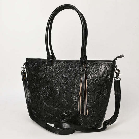 ADBG1480 American Darling Hand Tooled Western Leather Tote Bag with Floral Carving & Tassel - Genuine Leather