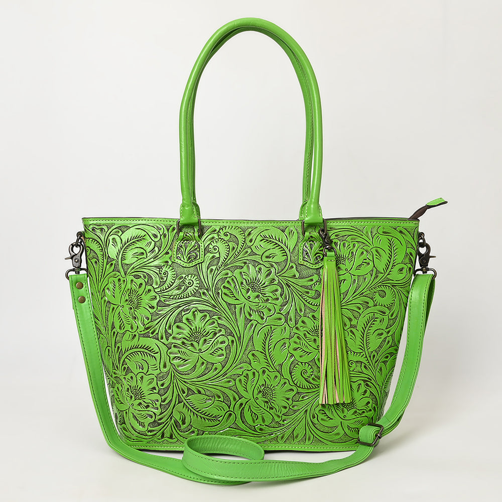 ADBG1480 American Darling Hand Tooled Western Leather Tote Bag with Floral Carving & Tassel - Genuine Leather