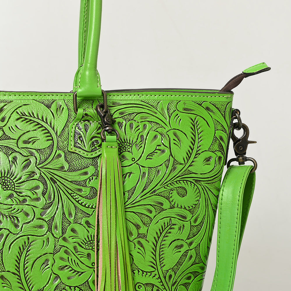 ADBG1480 American Darling Hand Tooled Western Leather Tote Bag with Floral Carving & Tassel - Genuine Leather