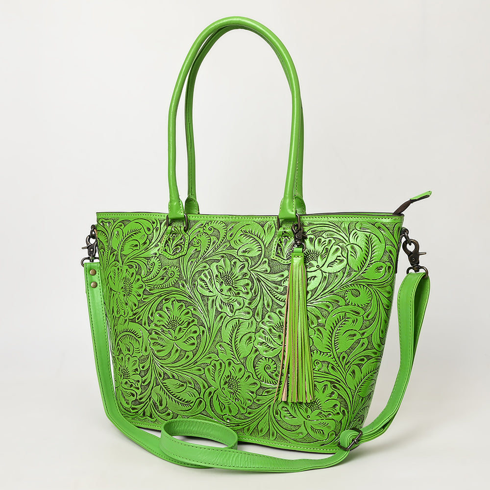 ADBG1480 American Darling Hand Tooled Western Leather Tote Bag with Floral Carving & Tassel - Genuine Leather